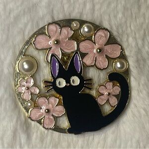 Black Cat and Pink Flower Brooch